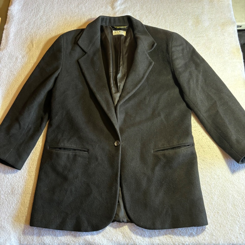 Vintage LL Bean Women Black Fleece Blend‎ Blazer Jacket Single Button Made USA M